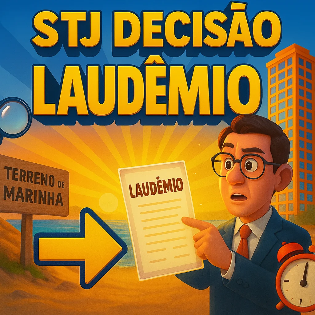 Comentário jurídico sobre acórdão do STJ que confirma incidência de laudêmio em permuta de terreno de marinha, destacando regularização formal e regime jurídico dos bens públicos federais